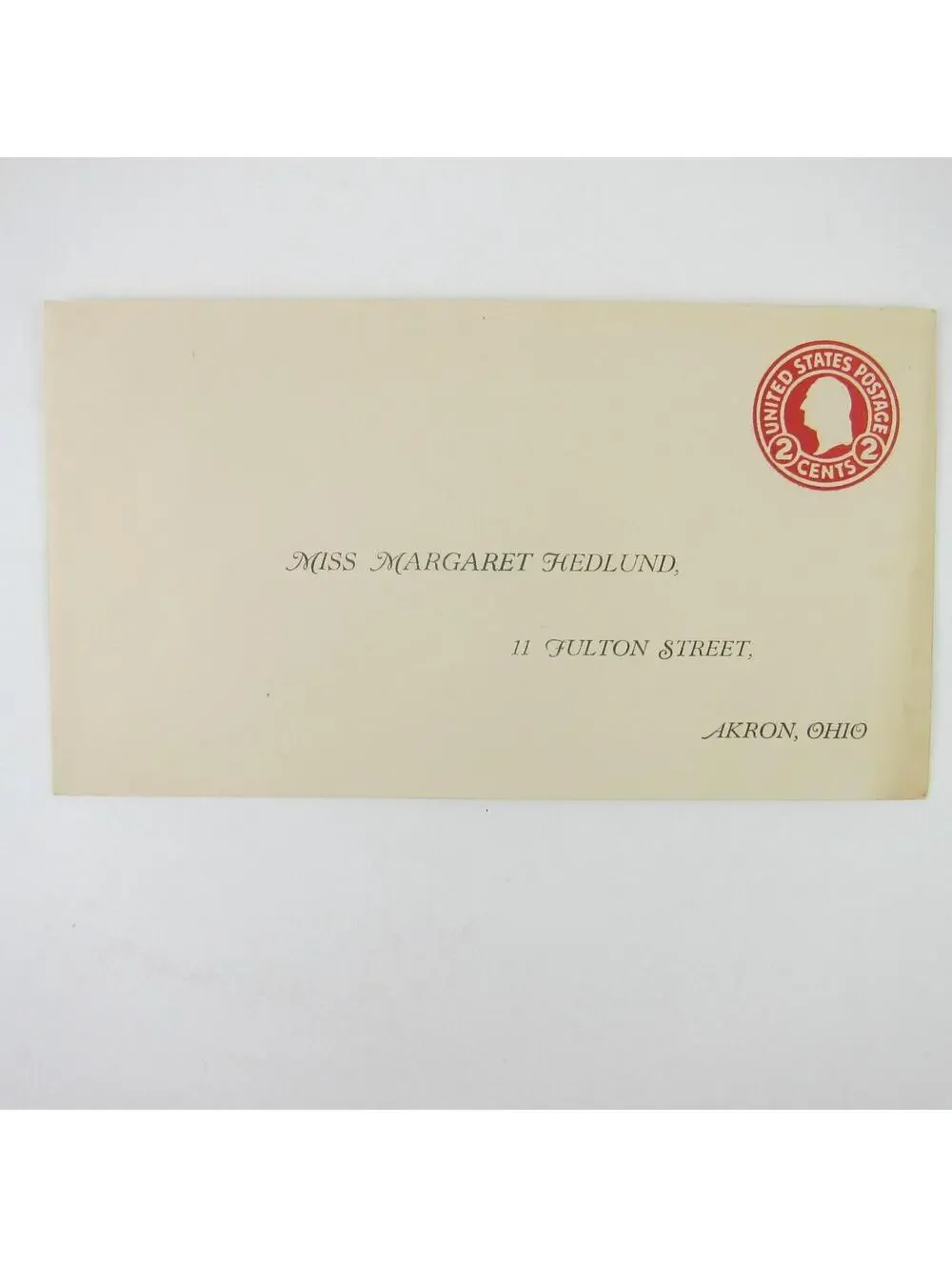 US Postal Stationery Miss Margaret Hedlund Akron Ohio 2 cent Washington Antique